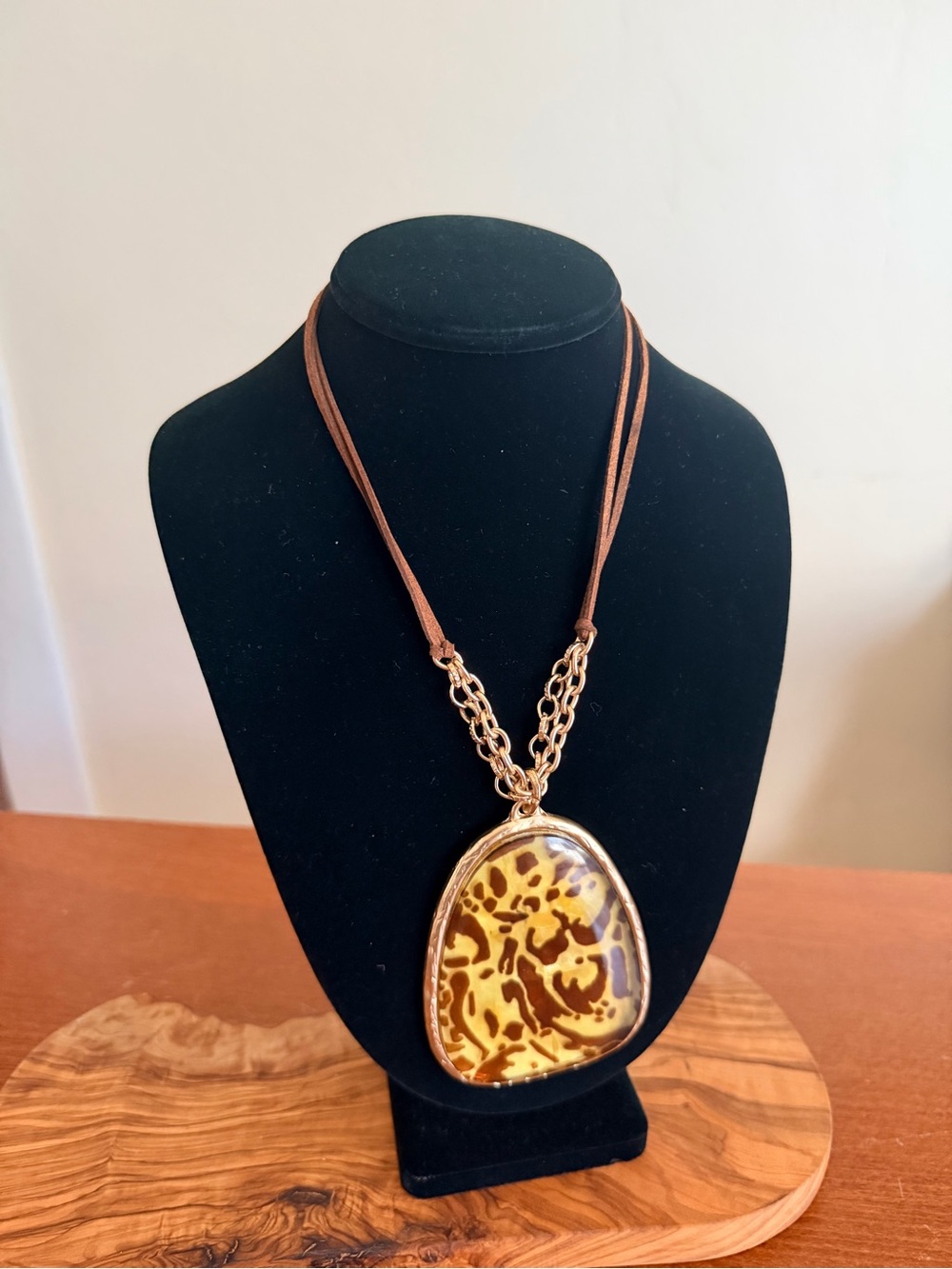Chico's Brown and Gold Leopard-Pattern Pendant Necklace